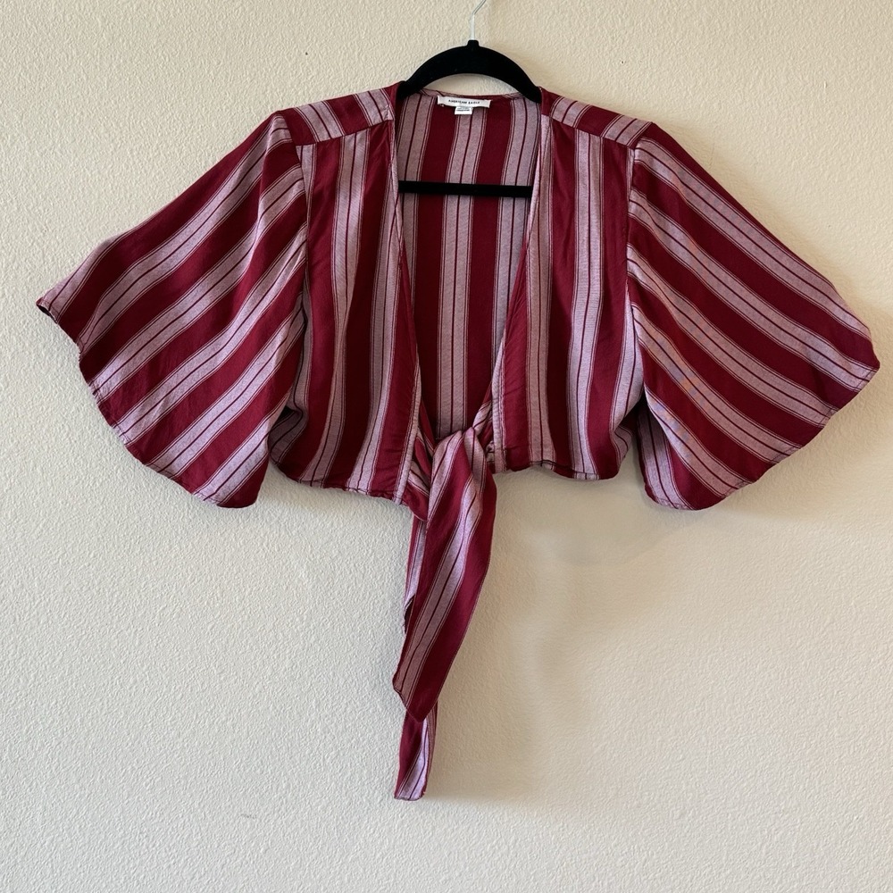 American Eagle Tie Front Crop‎ Top Striped Bell Sleeve Boho Festival S